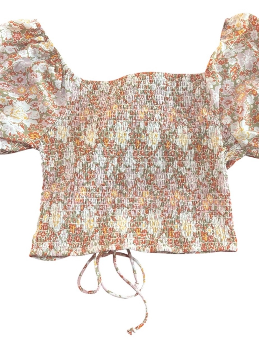 Smocked Floral Puff-Sleeve Crop Top — Tan & Cream